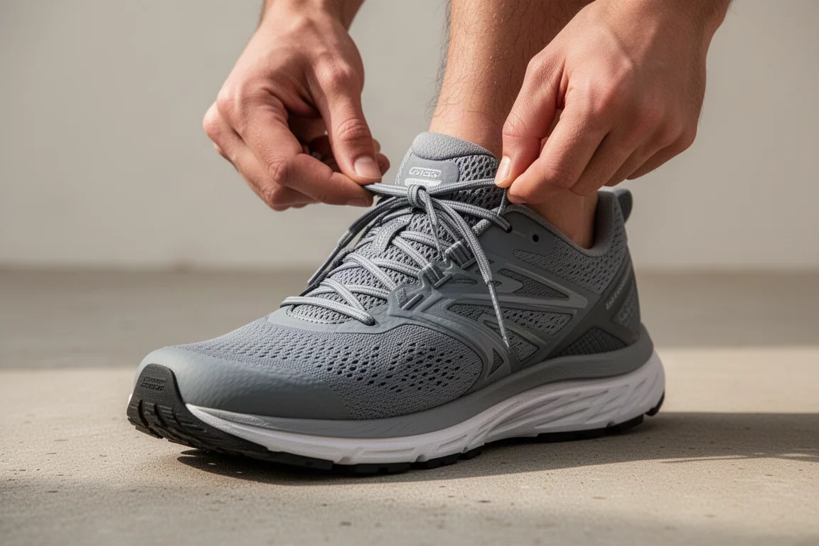 Un runner stringe un sistema di allacciamento innovativo su una scarpa da running su strada