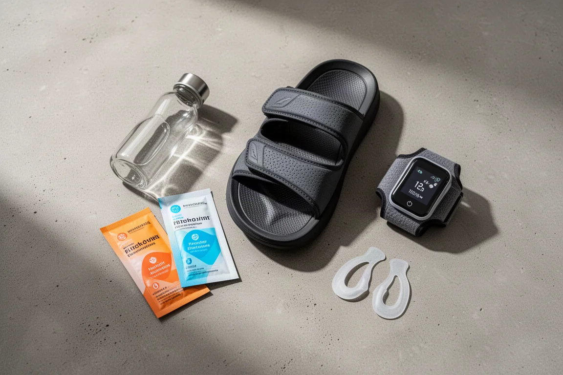 Composizione di prodotti per running e recupero disposti su una superficie di cemento