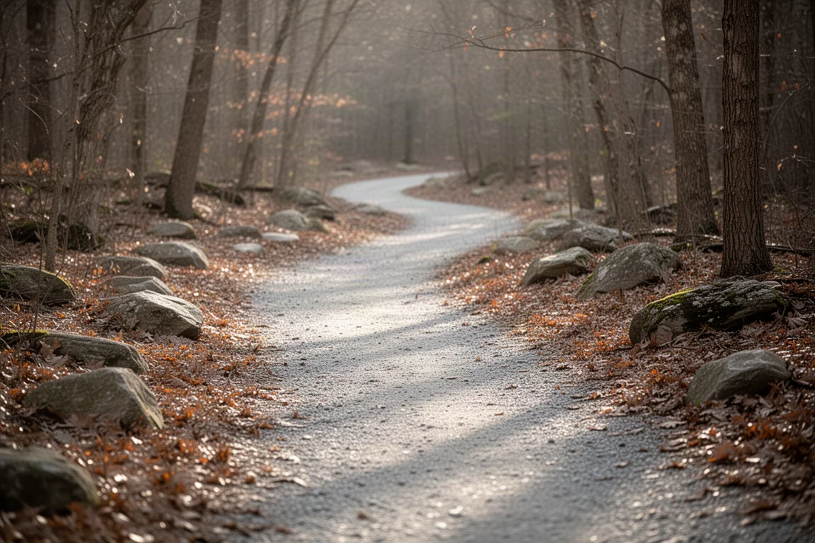 Mit Kies und Herbstlaub bedeckter Waldweg, der sich durchs Gelände schlängelt