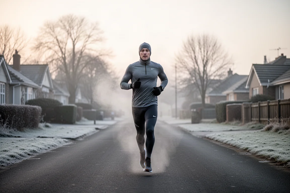 Läuferin in Winter-Basisschichten und Handschuhen an einem kalten, frostigen Morgen