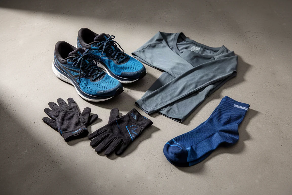Flat-lay of running shoes, gloves, base layer, and socks on concrete