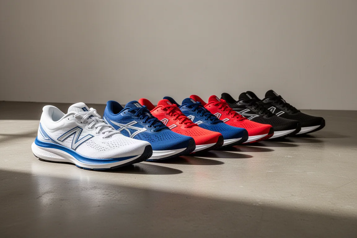 Lineup of ten running shoes in varied colorways on a concrete studio floor