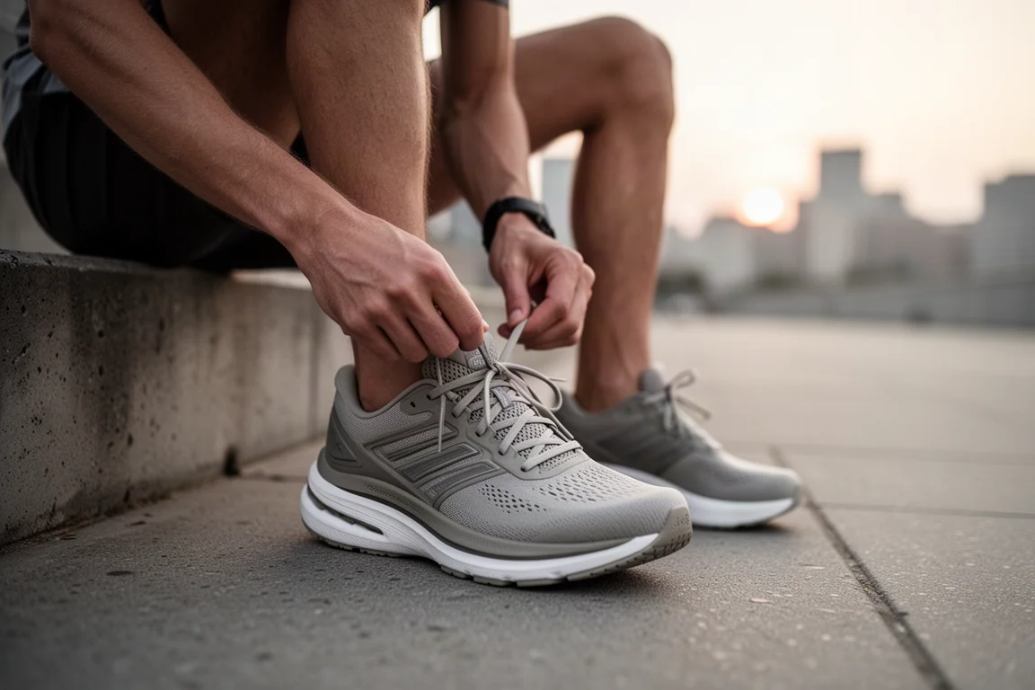 Runner lacing up a high-stack running shoe on a city pavement at dawn