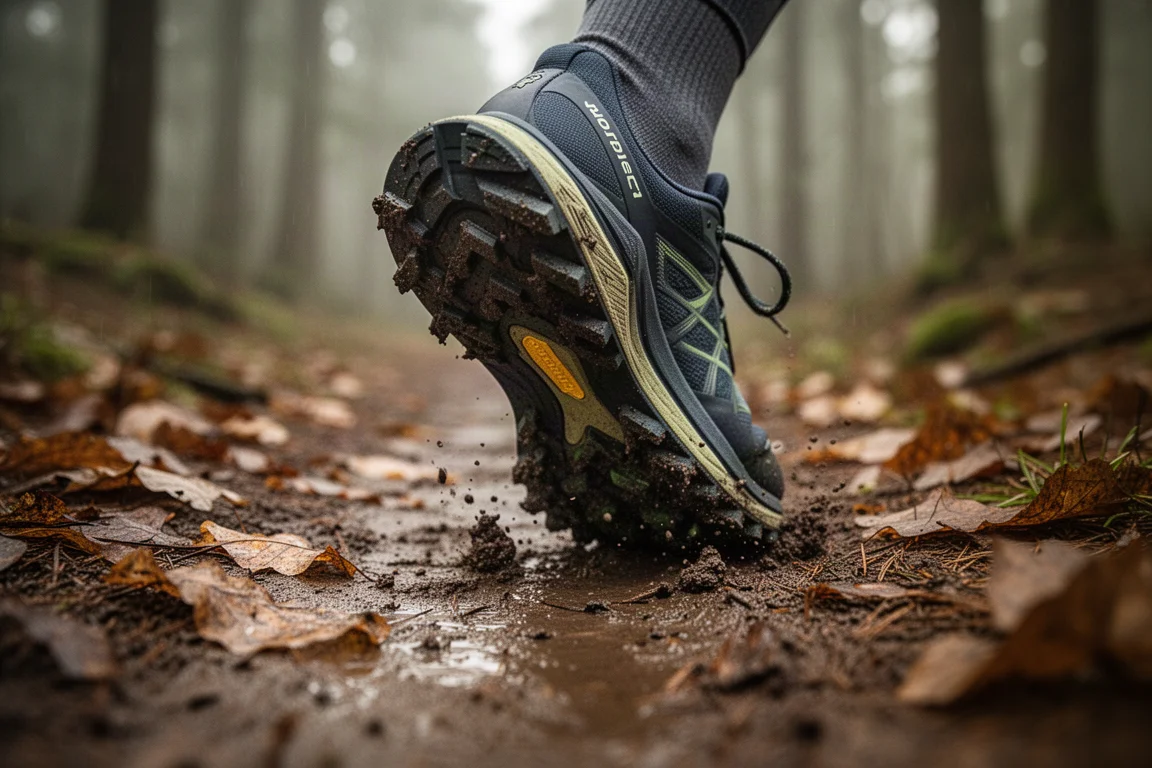 Trail shoe gripping a muddy forest path in soft overcast light