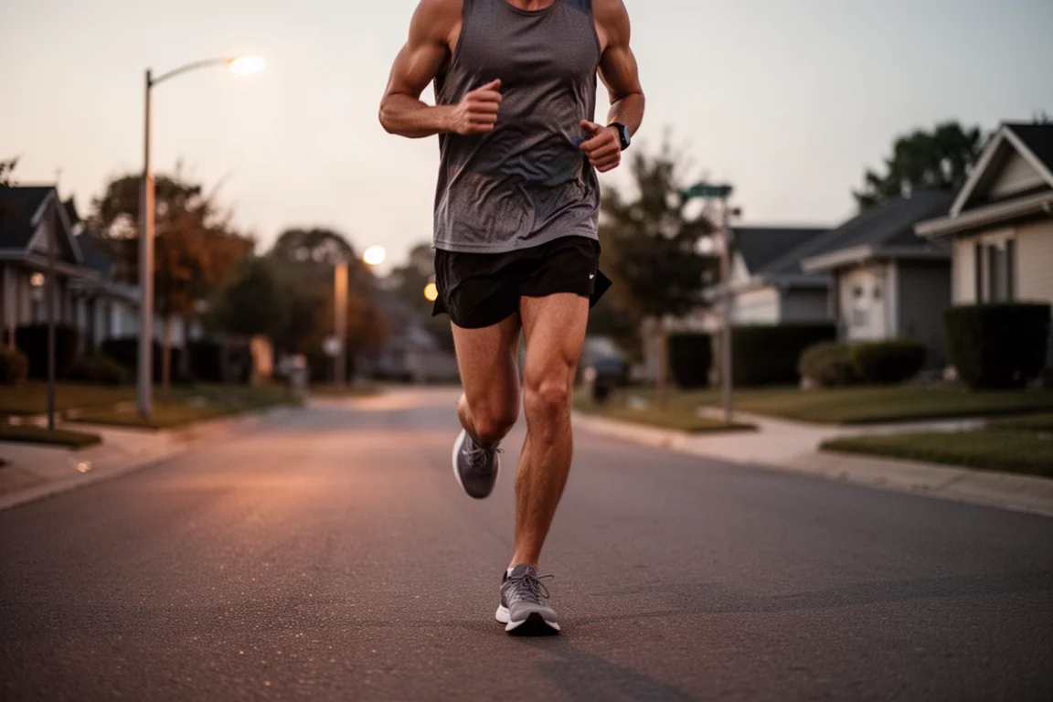 Runner finishing an easy recovery jog on a quiet suburban road at dusk
