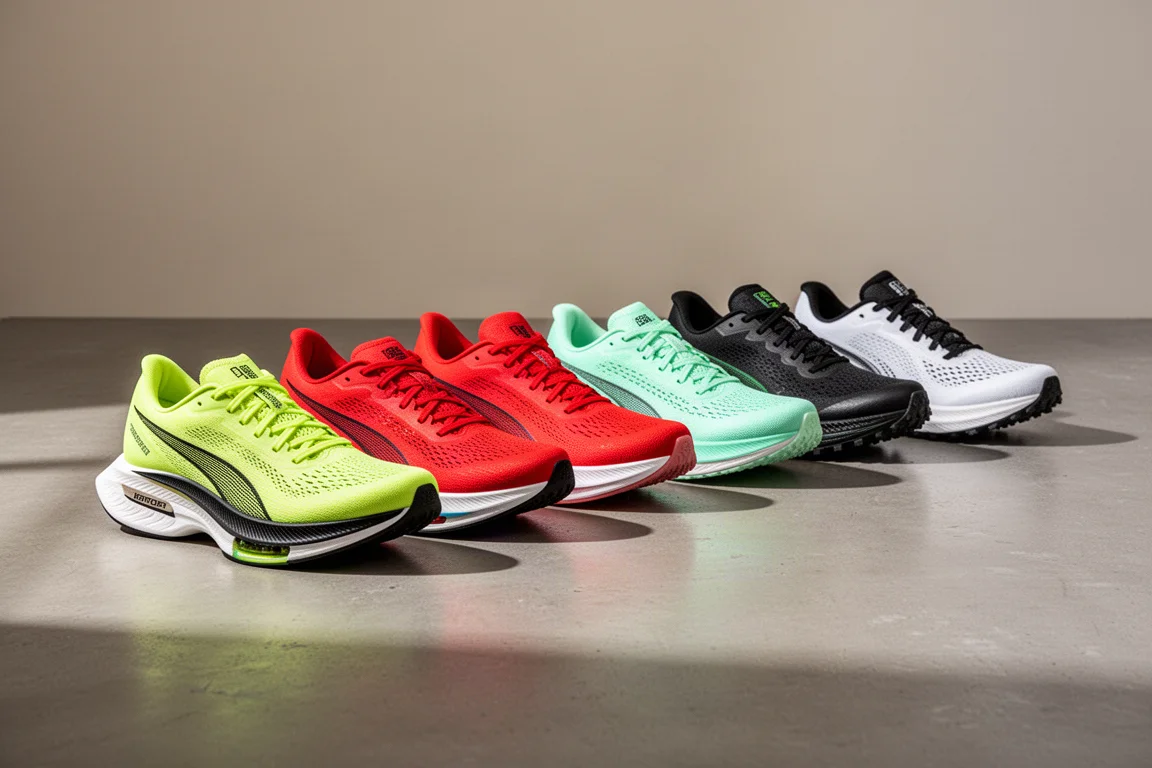 Nine discounted running shoes lined up on a concrete floor