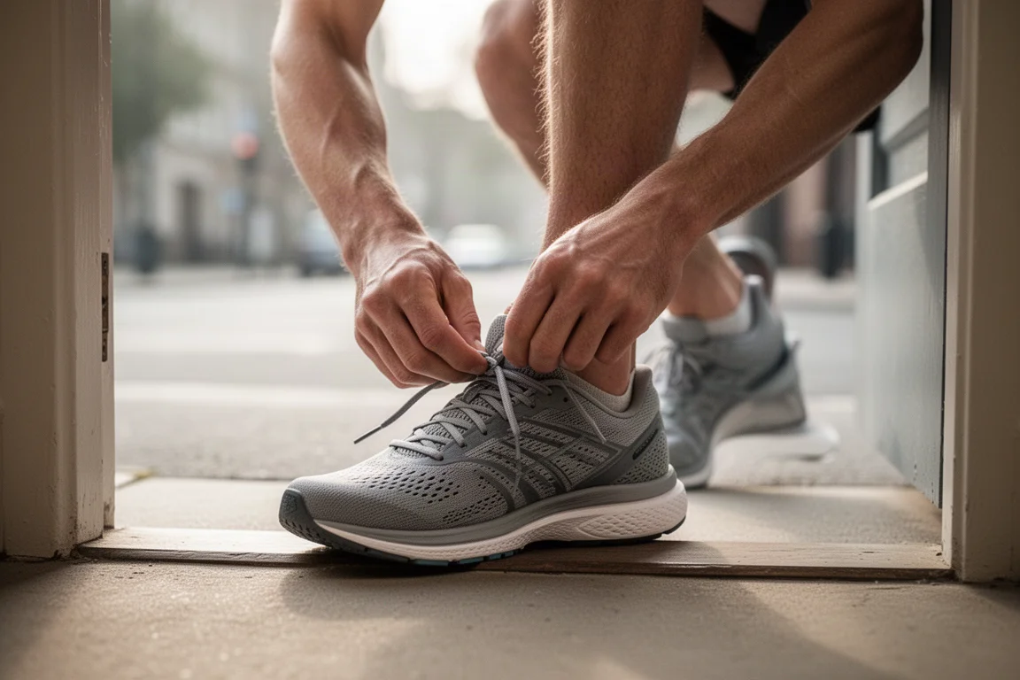 Runner che allaccia una scarpa da allenamento su una soglia di casa nella morbida luce del mattino