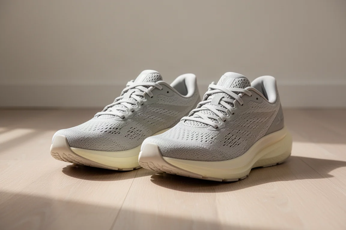 Scarpe da running da donna allineate su un pavimento di legno chiaro