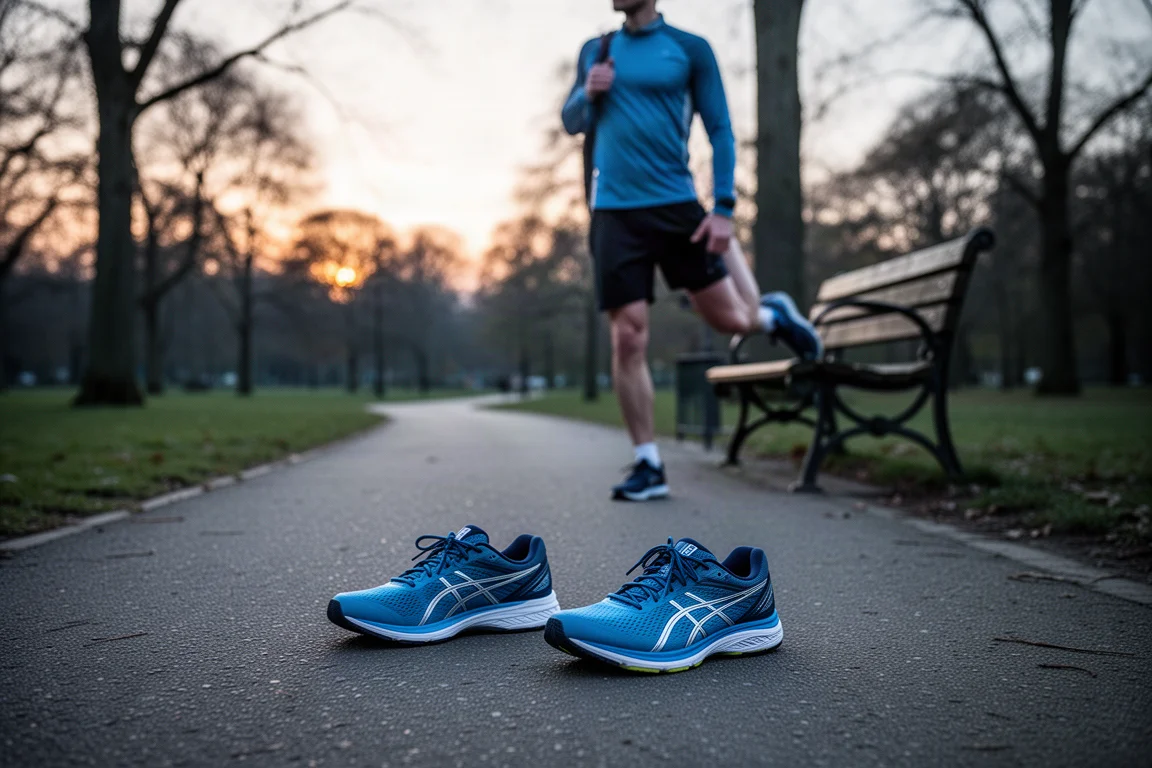 Runner che si allunga su un sentiero del parco al tramonto, con le scarpe accanto a una panchina