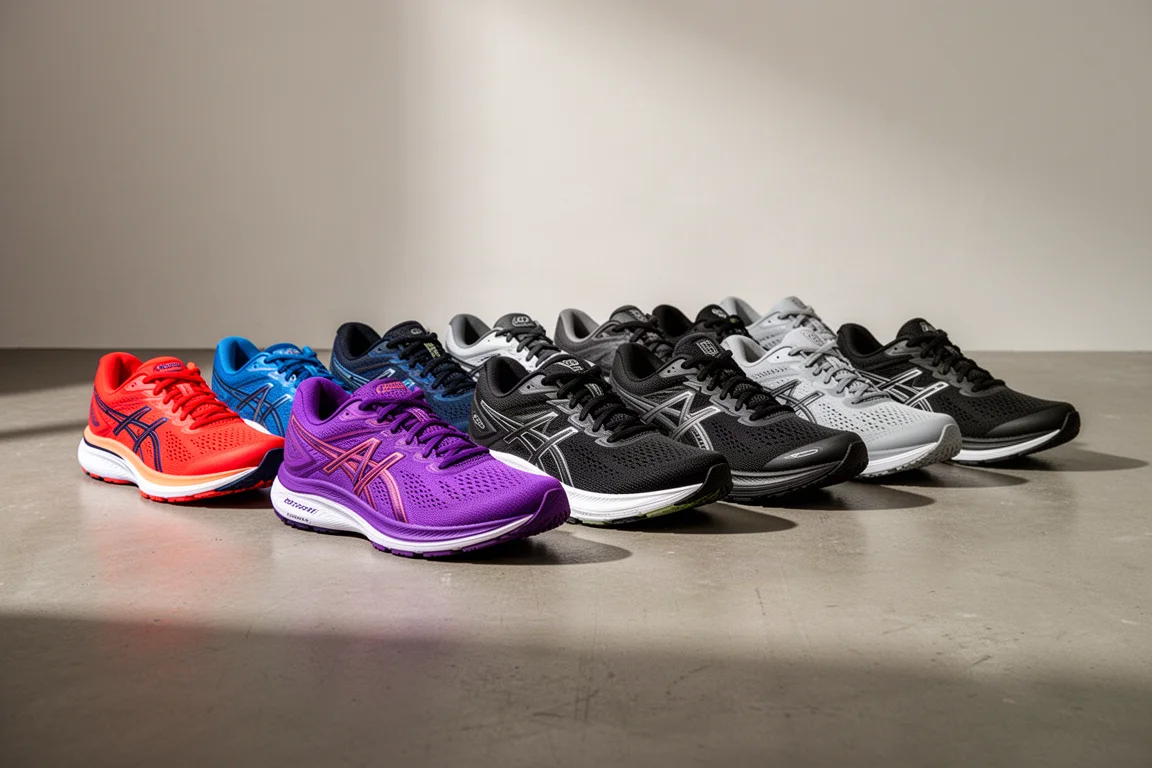 Row of assorted running shoes in varied colorways on a concrete studio floor