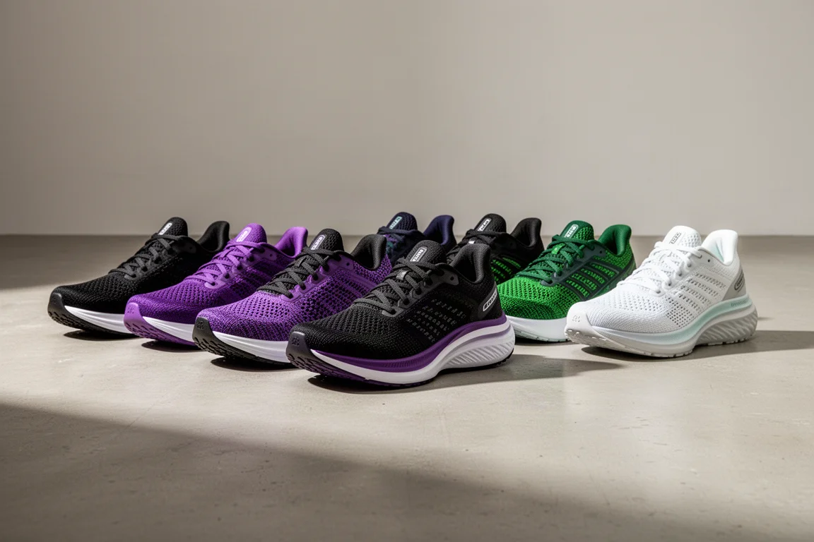 Row of nine varied running shoes on a light concrete studio floor