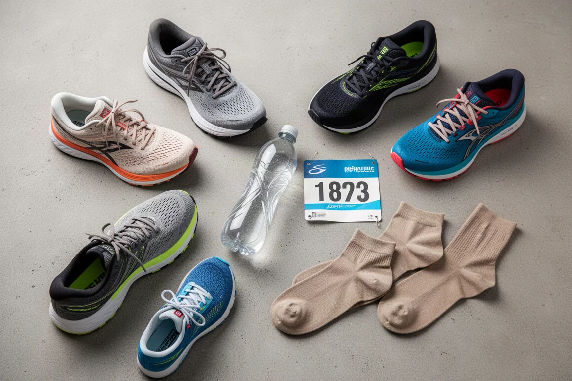 Vue à plat de chaussures de running et d'équipement sur une surface en béton