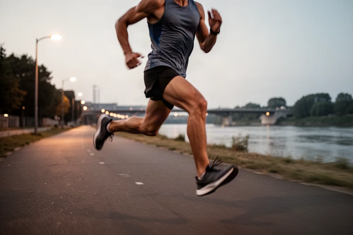Coureur accélérant le rythme pendant une séance tempo au crépuscule