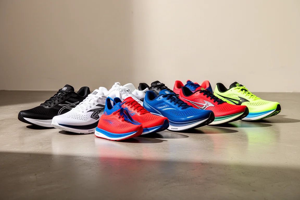 Row of nine discounted running shoes in varied colorways on a concrete studio floor