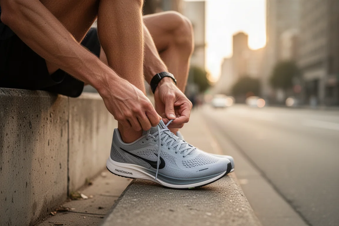 Runner che allaccia una scarpa da gara leggera su un marciapiede cittadino prima di un allenamento