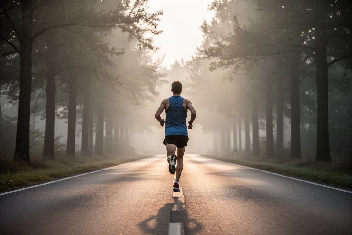 Runner a metà falcata su una strada tranquilla alberata nella soffice luce del mattino
