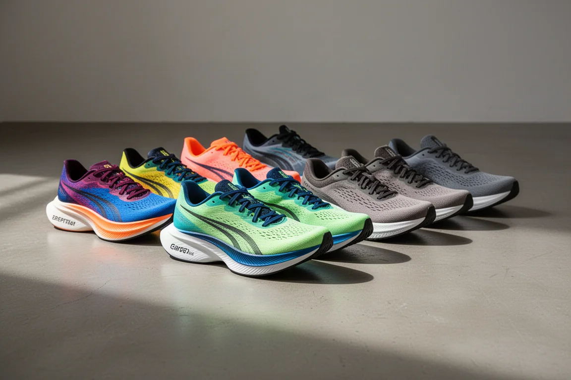 A row of discounted running shoes on a concrete floor