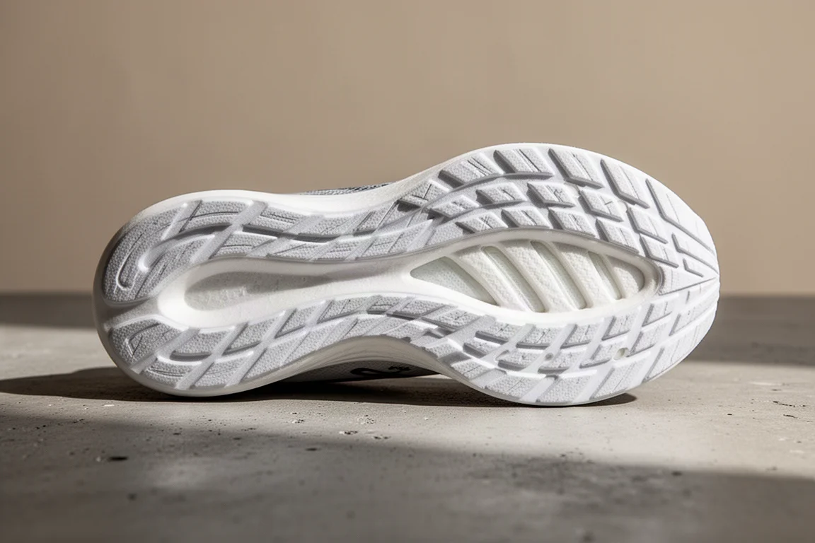 Primer plano de la mediasuela receptiva de una zapatilla de running mostrando la espuma esculpida