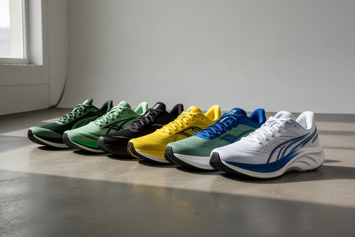 Lineup of eight modern running shoes in muted colors on a concrete studio floor