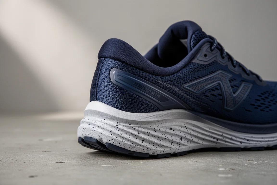 Close-up of a thick cushioned running shoe heel stack on concrete