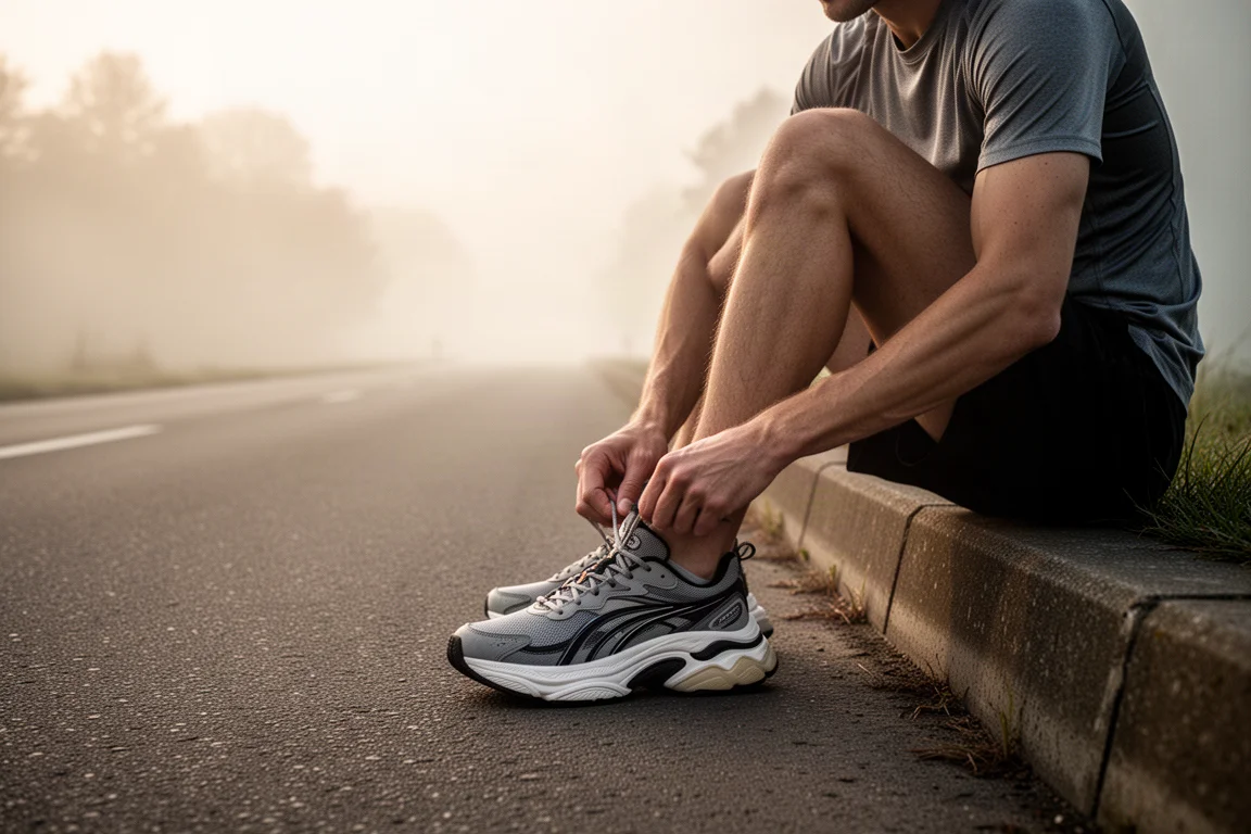 Runner lacing up tall maximalist running shoes on a quiet road