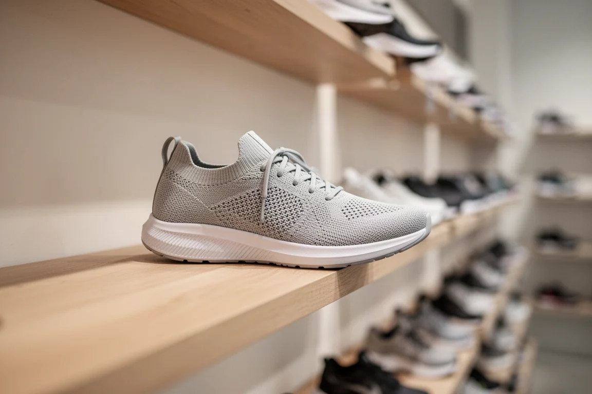 Lightweight running shoe placed on a shop shelf among rows of sneakers