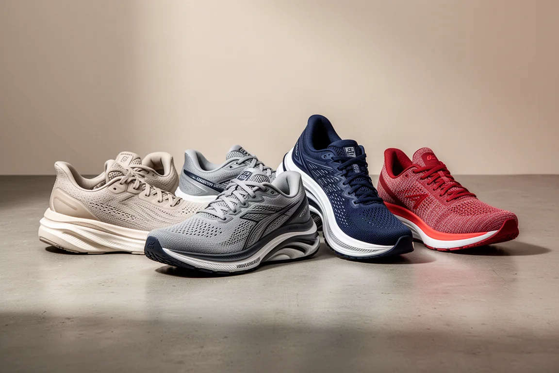 Four running shoes arranged in a row on a matte concrete surface