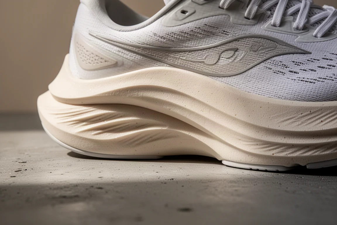 Close-up of a running shoe midsole showing its sculpted foam layers