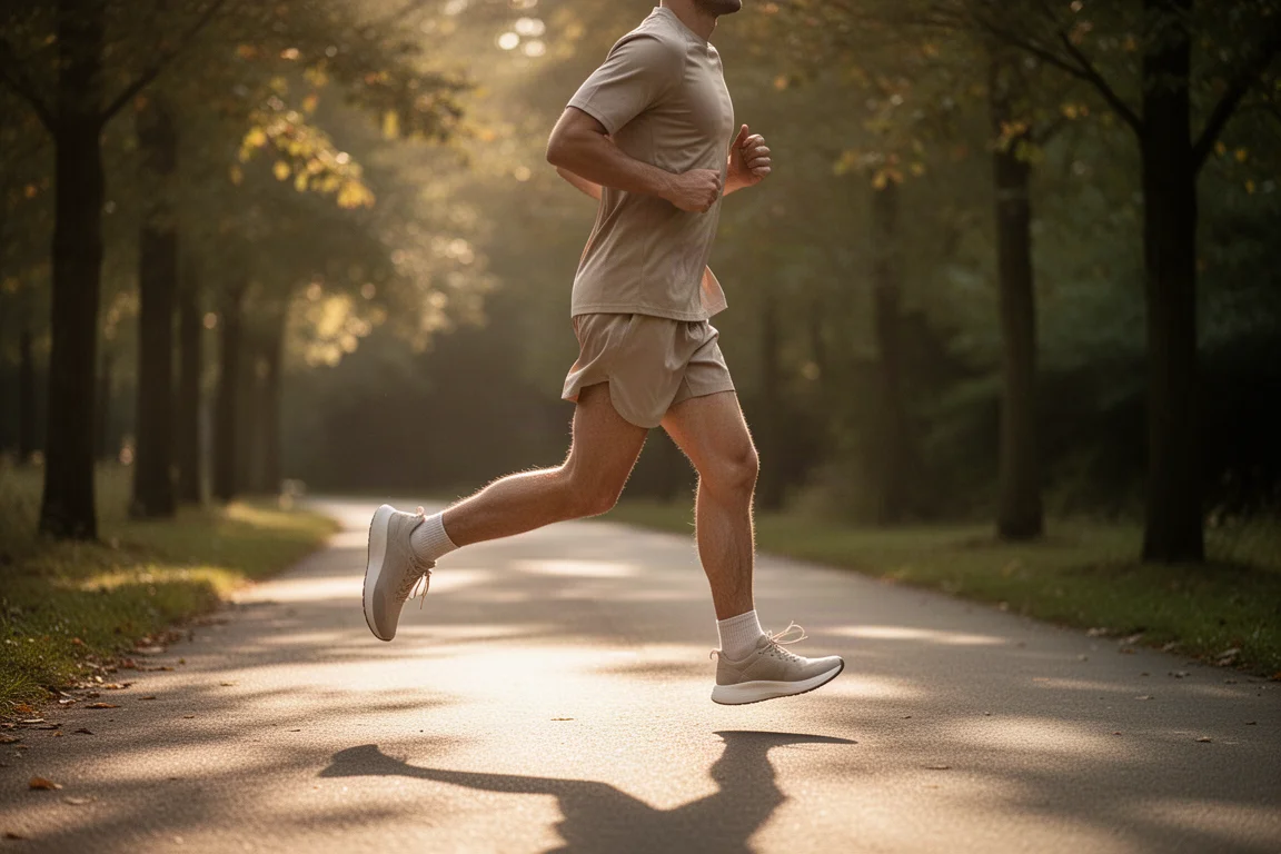 Runner settling into an easy pace on a quiet tree-lined path