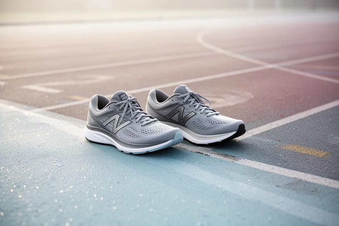 Running shoes resting on the edge of a track during soft morning light