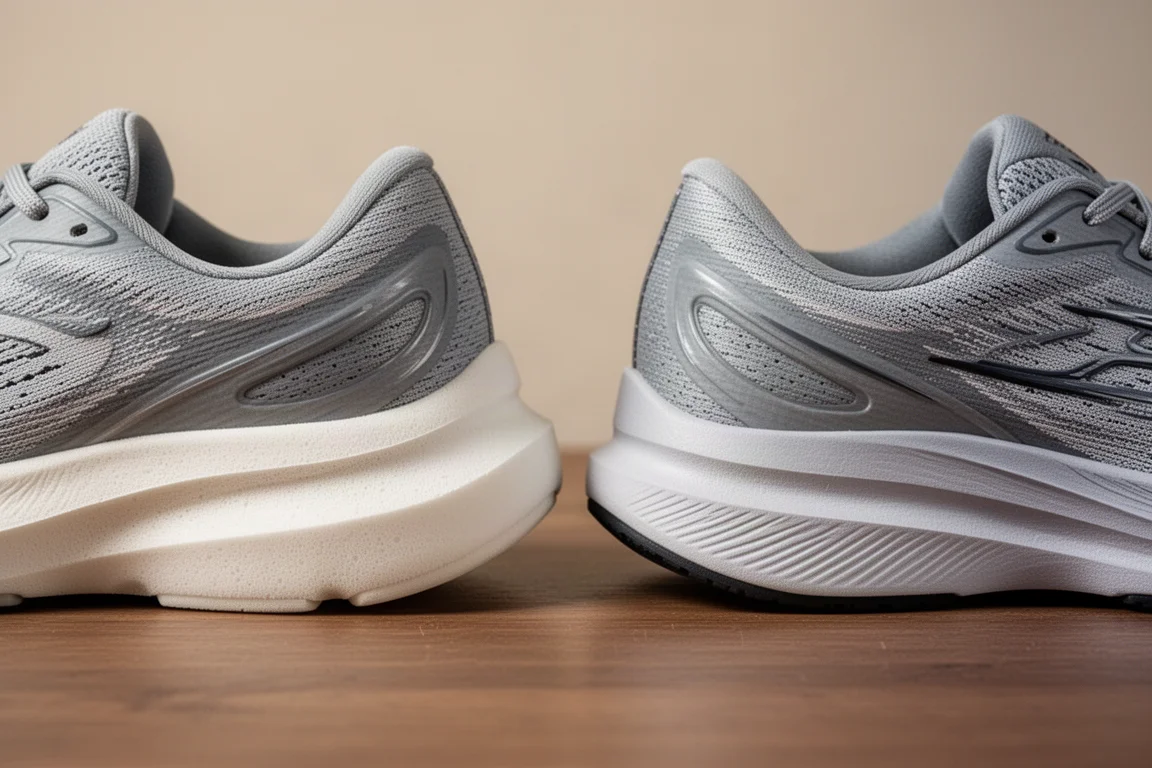 Close-up of two different midsole foams pressed side by side for comparison