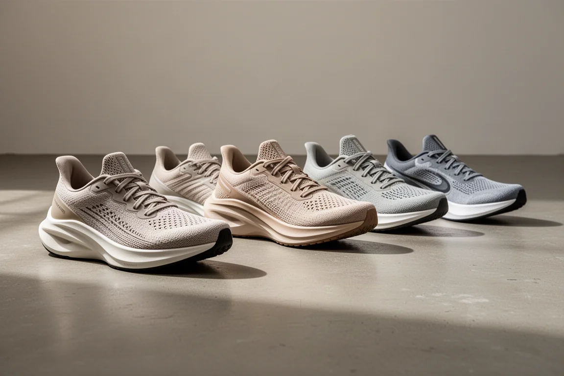 Lineup of modern running shoes with varied midsole heights on a concrete floor