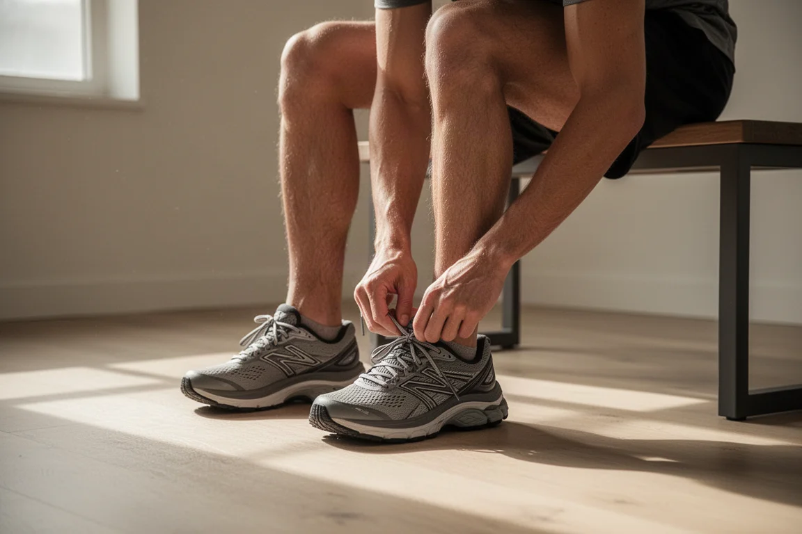 Läufer schnürt auf einem Holzboden ein Paar gedämpfte Laufschuhe