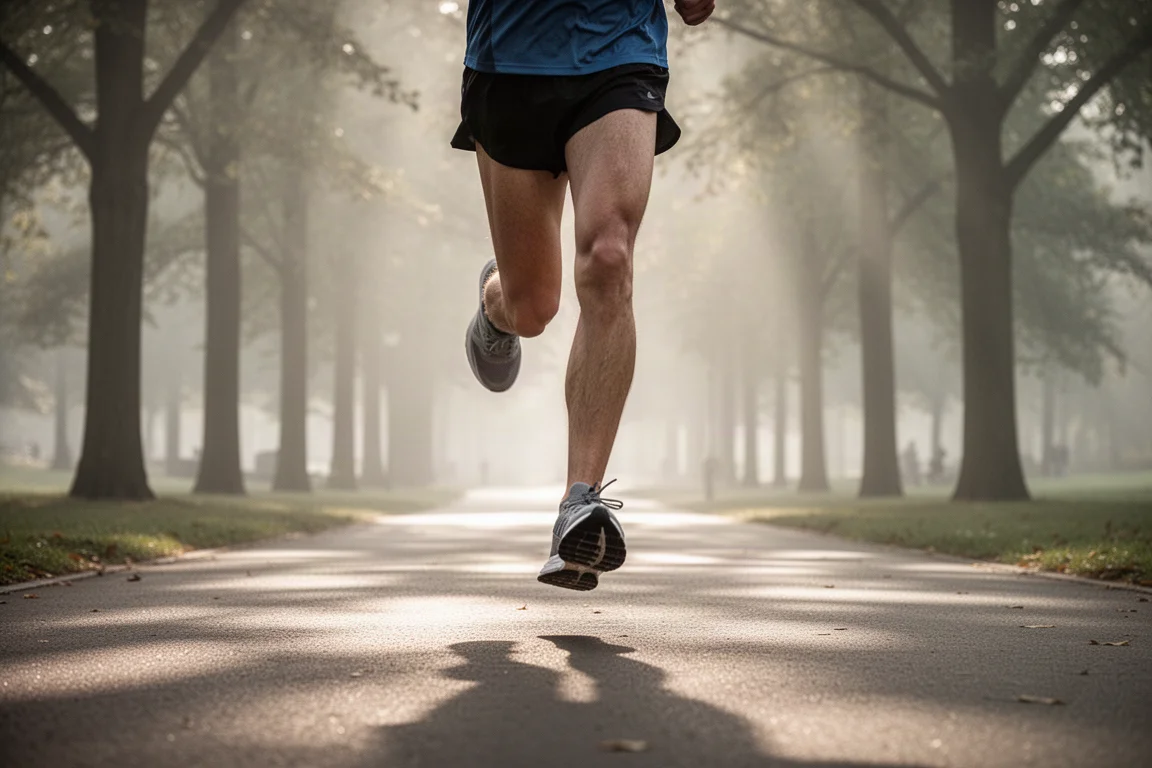 Läufer joggt im frühen Morgenlicht über einen Baum gesäumten Parkweg