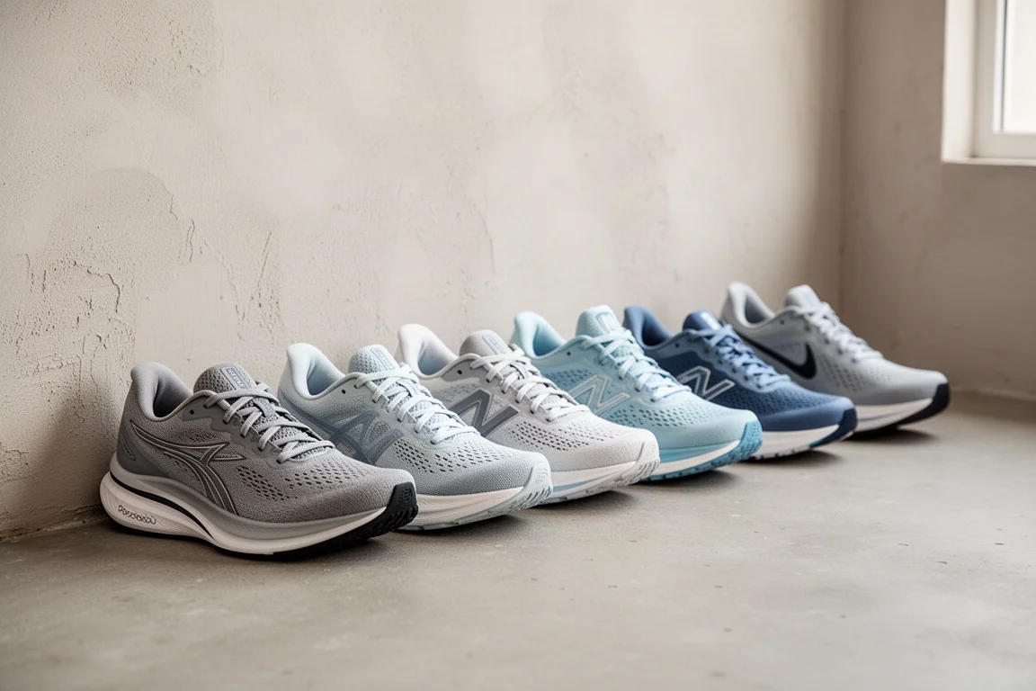 Reihe von Laufschuhen vor einer neutralen Wand aufgestellt