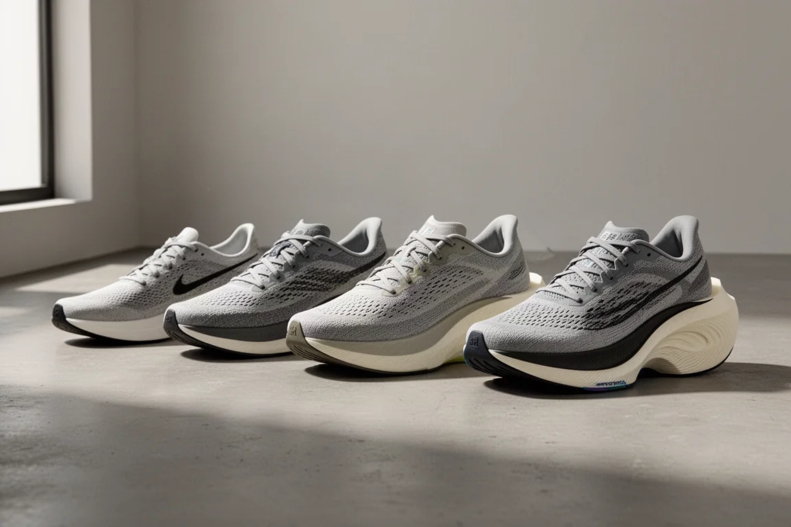 Six running shoes with varying midsole thicknesses lined up on concrete