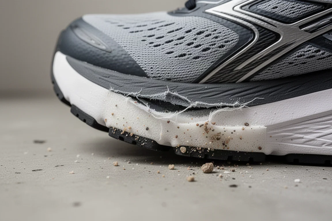 Mediasuela de una zapatilla de running mostrando rasgaduras y espuma expuesta