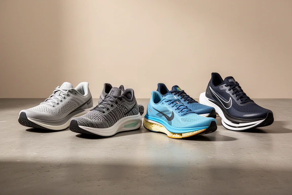 Five running shoes lined up on a concrete surface