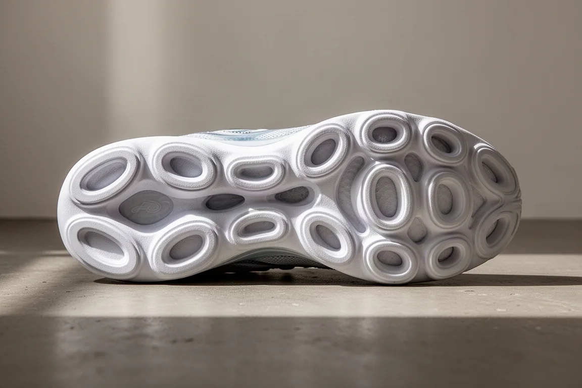 Primer plano de la suela de una zapatilla de running con grandes pods ovalados de espuma sobre suelo de hormigón