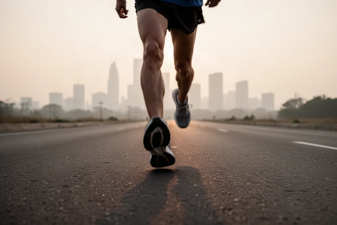 Corredora zancadeando a ritmo de maratón en una carretera abierta al amanecer