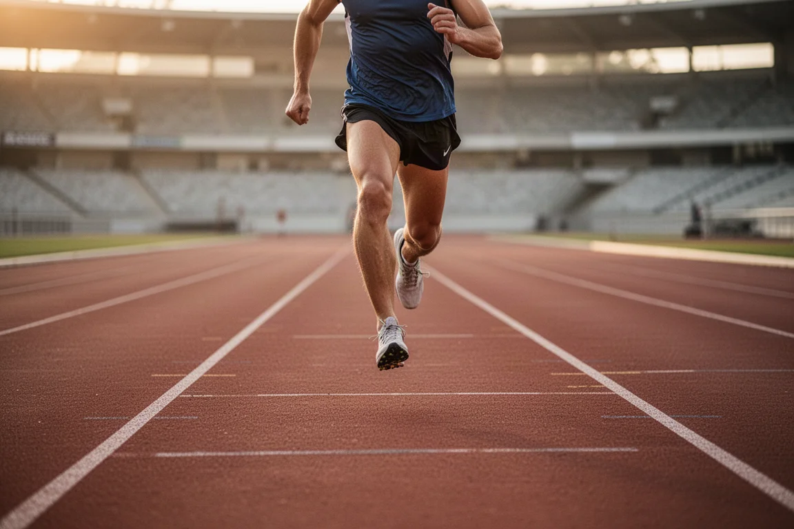 Atleta corriendo series rápidas en una pista de atletismo