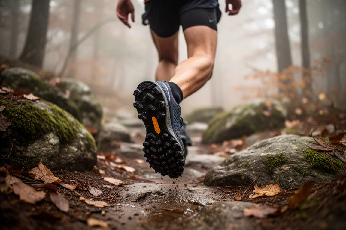 Trail runner en un sendero forestal rocoso con una suela de tacos agarrando suelo mojado