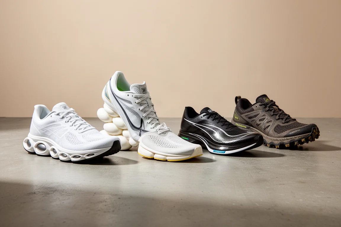 Five different running shoes arranged in a lineup on a concrete surface