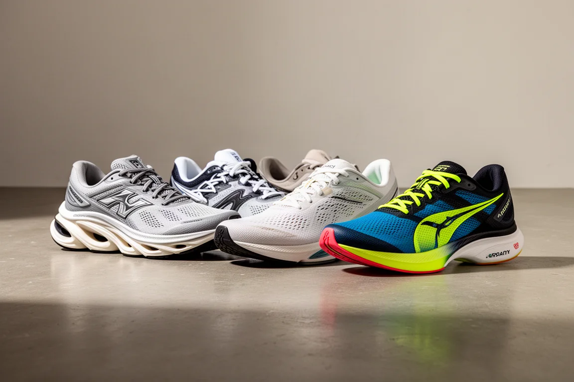 Lineup of modern running shoes on a concrete floor