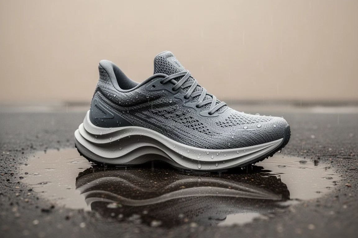 Maximal gedämpfter Laufschuh mit hohem Stack liegt nach dem Regen auf nassem Asphalt