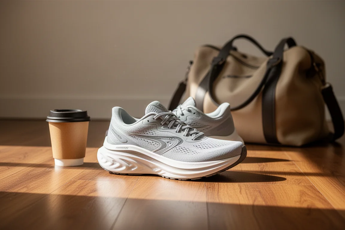 Alltags-Laufschuh auf einem Holzboden neben einer Kaffeetasse und einer Sporttasche