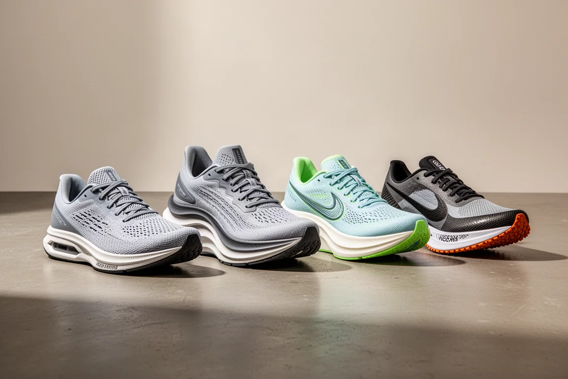 Four running shoes lined up side by side on a concrete studio floor