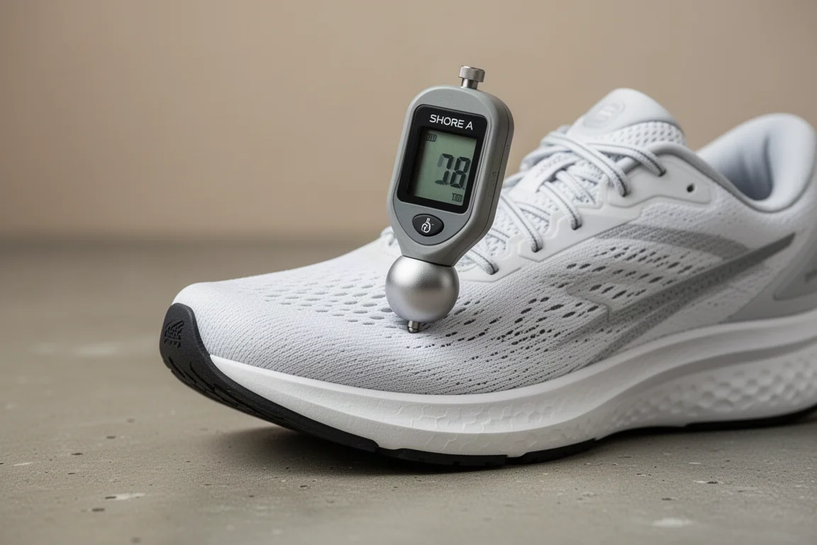Un durómetro de mano presionado sobre la mediasuela de una zapatilla de running mostrando una lectura