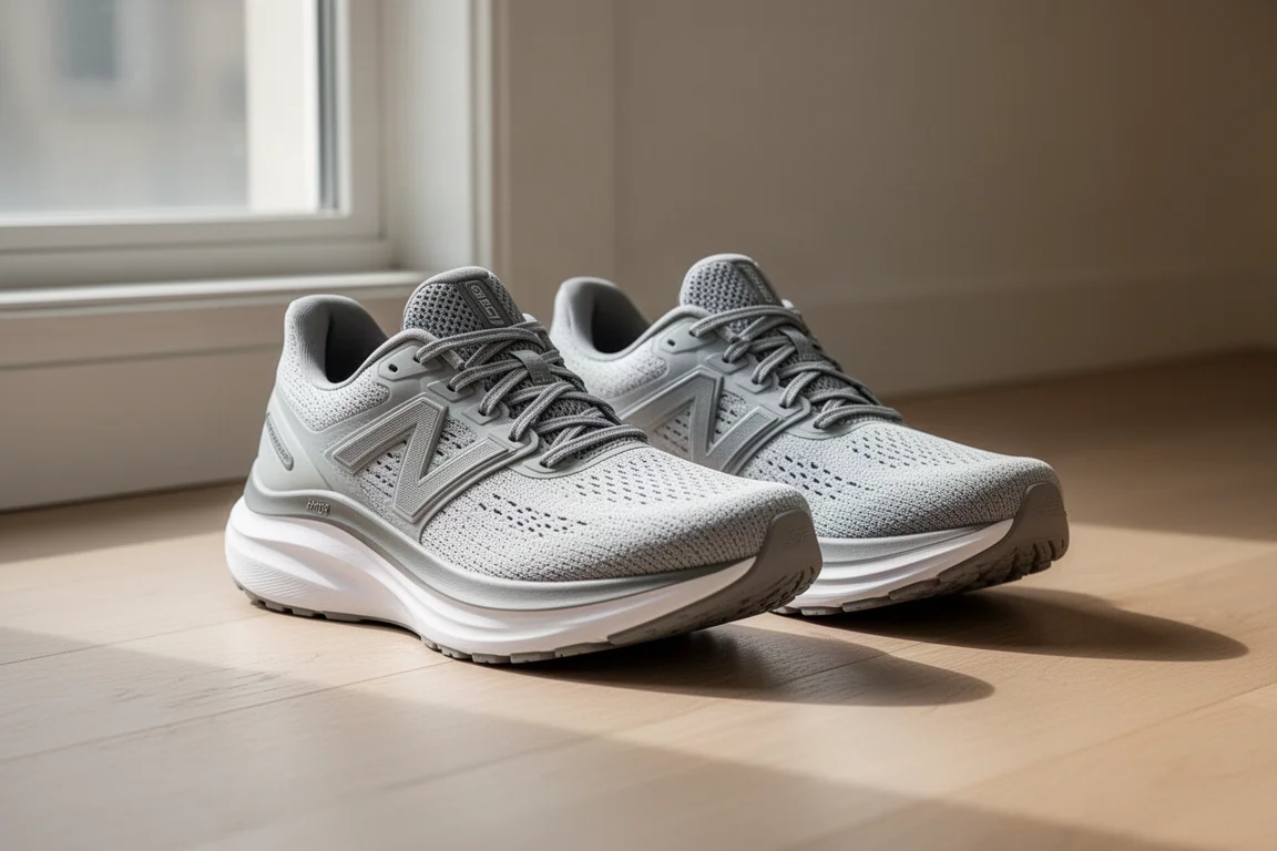 Dos zapatillas de running una junto a la otra sobre un suelo de madera con luz suave de ventana