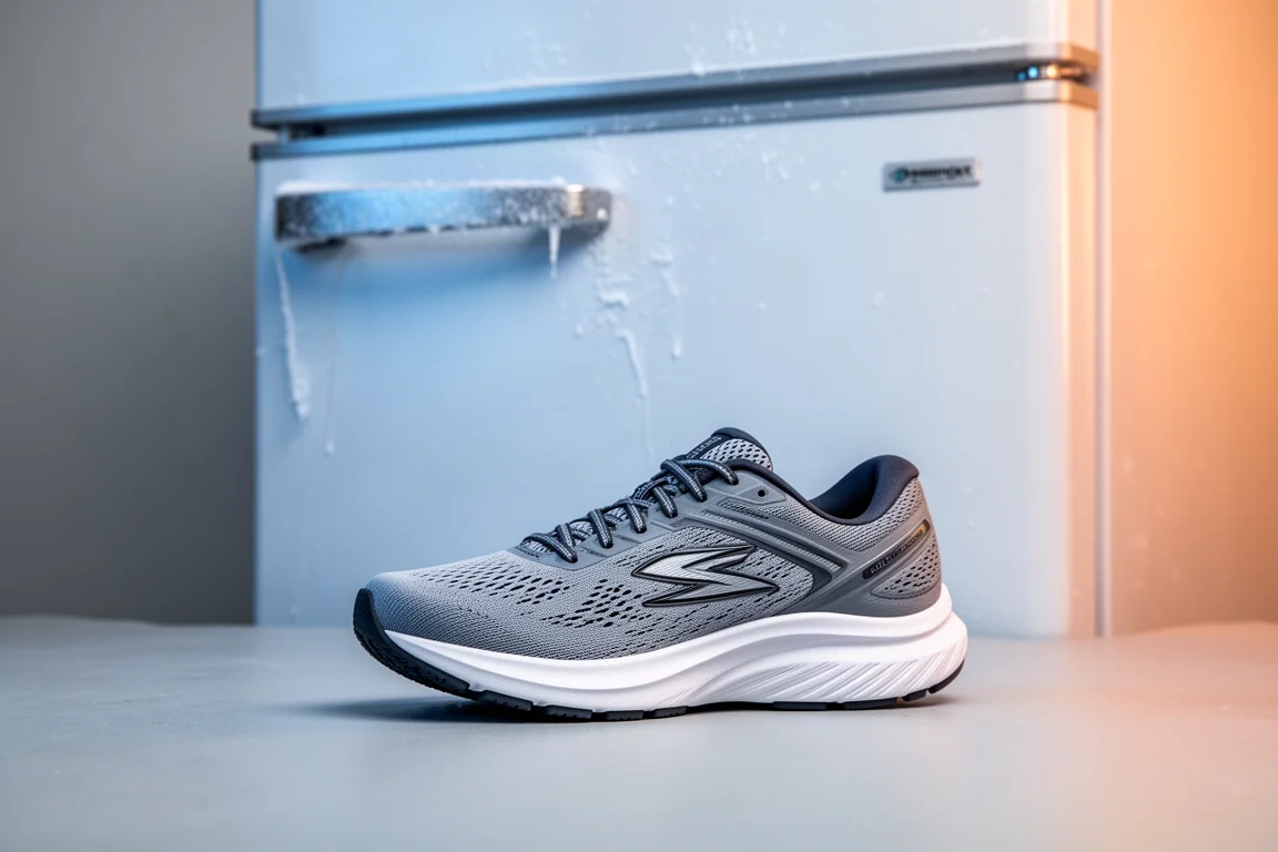 Una zapatilla de running junto a la puerta de un congelador, sugiriendo una prueba de temperatura fría